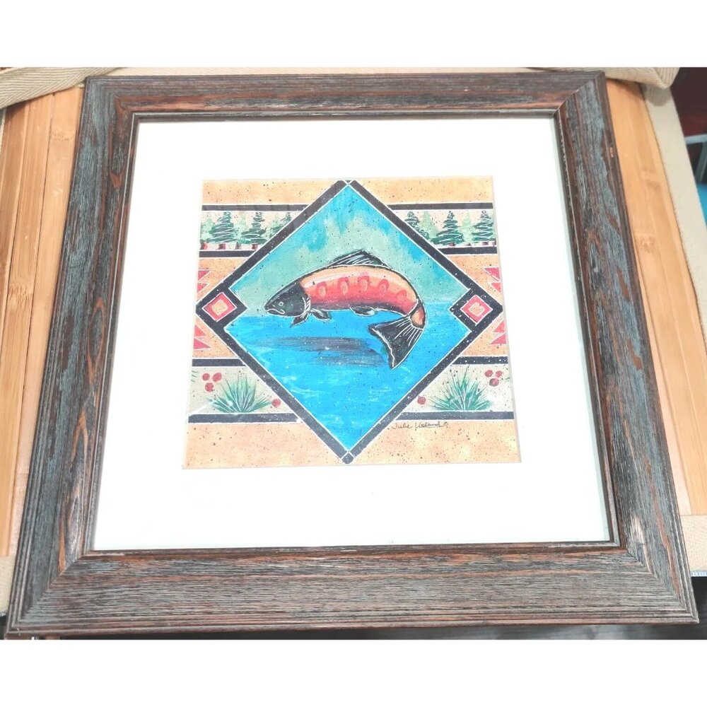 Vtg Northwest Collection Trout Fish Art Print Julie Ueland Matted Framed 13.5"
